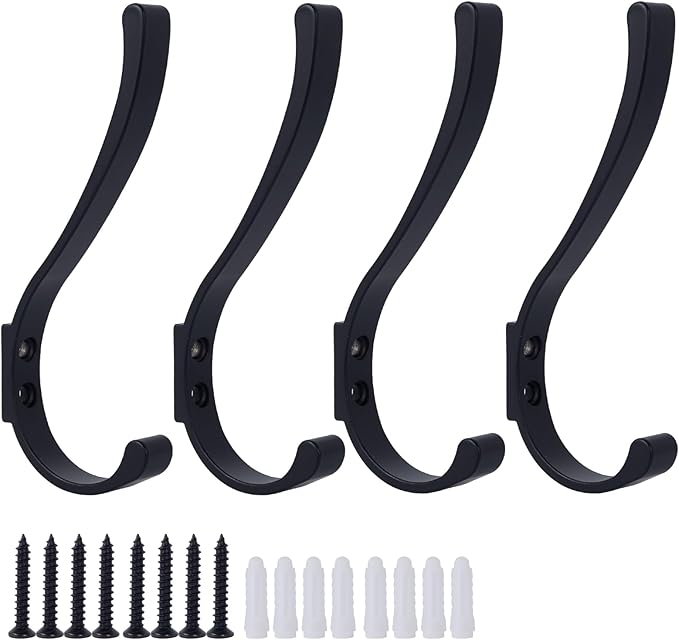 4 Pack Hanging Coat Hooks Wall Mount, Coat Hanger Wall Hangers, Metal Hooks for Hanging Heavy Duty, Screw in Hooks for Hanging Towels, Clothes, Backpack, Hat, Bag, Jacket, Key, Robe, Backpack Black