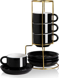 Sweejar Porcelain Espresso Cups with Saucers, 4 Ounce Stackable Cappuccino Cups with Metal Stand for Coffee Drinks, Latte, Tea - Set of 4 (Black Gold Stand)
