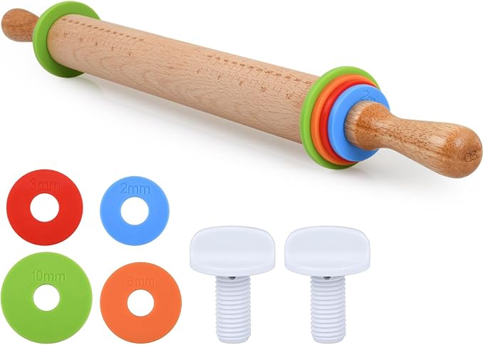 Rolling Pin with 4 Adjustable Thickness Rings and Long Handle 13.6 Inch Wooden Dough Roller for Baking, Dough, Cookie, Cake, Fondant, Pizza and Pie Crust