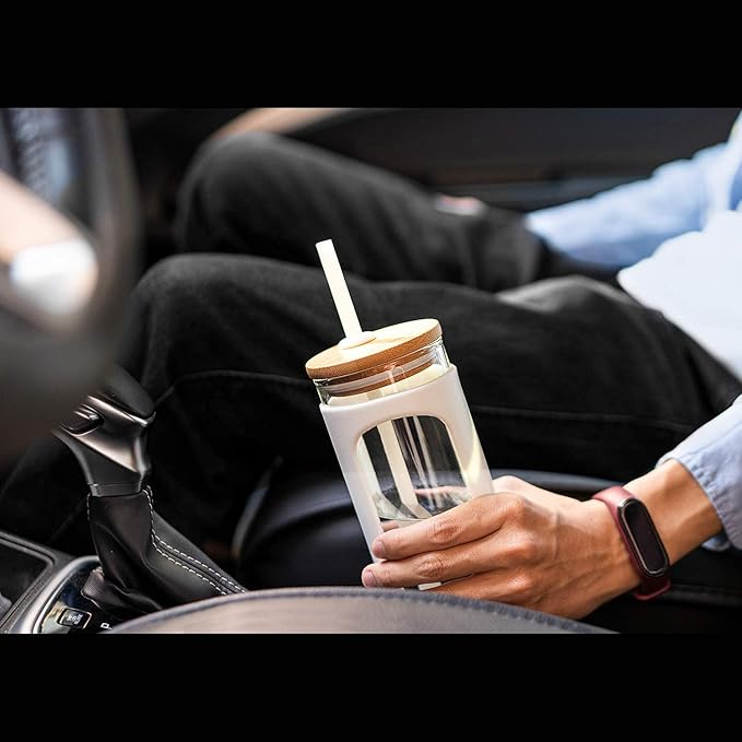 Kodrine 20oz Glass Tumbler with Straw and Lid, Bamboo Lids Water Bottle, Reusable Iced Coffee Cups, Wide Mouth Smoothie Cup with Protective Silicone Sleeve BPA FREE-Black+Pink-2pack