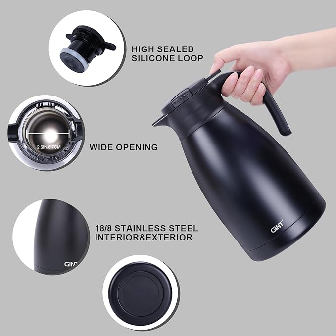 GiNT 2.2L / 74Oz Thermal Coffee Carafe, Insulated Stainless Steel Coffee Carafes for Keeping Hot/Double Walled Vacuum Thermal Carafe (Black)