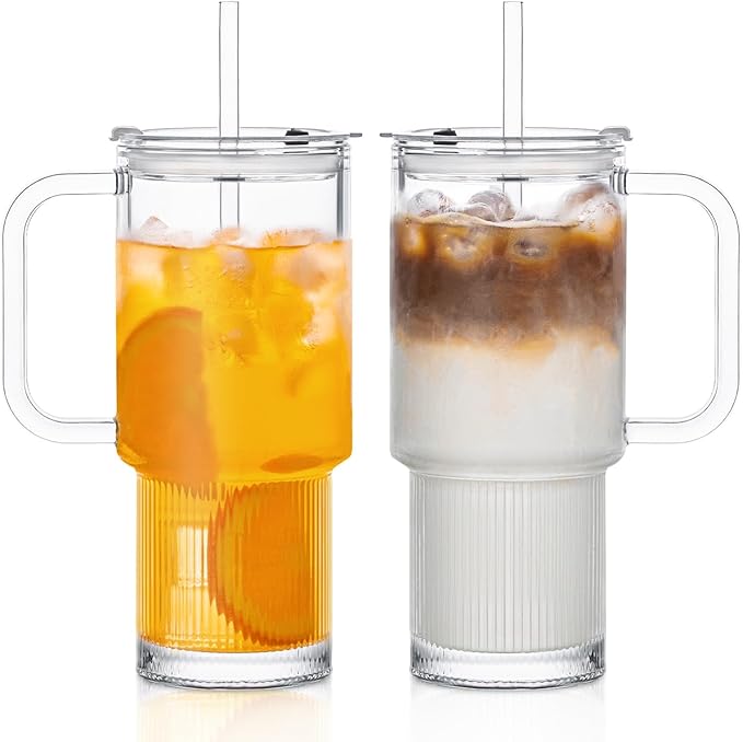 INSETLAN 26oz Glass Tumbler with Handle & Lid – 2-Pack Large Iced Coffee Cups with Straws, Modern Glass Mug for Cold & Hot Beverages, Aesthetic Travel Cup for Smoothies, Tea, and Juice