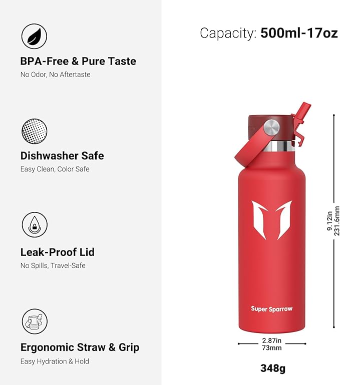 Super Sparrow Insulated Water Bottle - 17 Oz / 25 Oz / 32 Oz - Standard Mouth FlipFlow Flask - BPA Free, Leak Proof Drink Bottle- Ergonomic Straw Water Bottles for Work, Gym, Travel, Sports