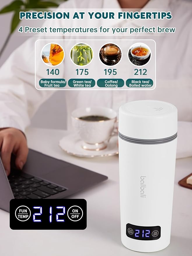 balbali Dual Voltage Travel Kettle 100-250V - 12oz Portable Water Boiler/Warmer/Heater for Boiling Water - 4 Preset Temperature Control Portable Tea Kettle Electric Travel - White