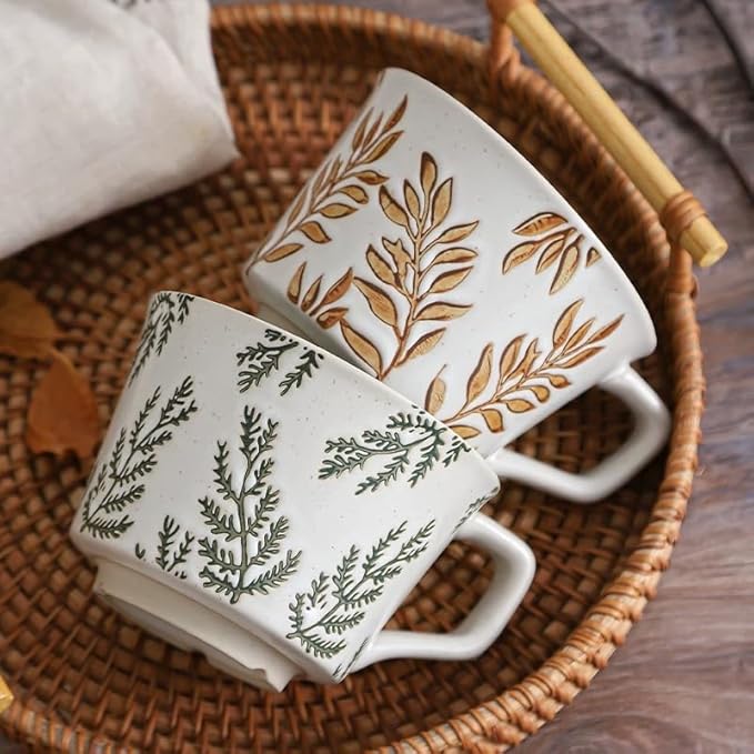 Ceramic Mug Set of 1 With Gold Spoon, 11oz - Vintage Coffee Mug, Pottery Cups for Milk, Latte, Cappuccino, Tea - Porcelain Dishwasher, Microwave Safe Stoneware Green Leaf