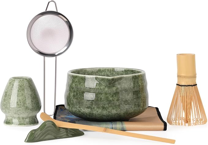 Japanese Matcha Whisk Set - 7-Piece Kit Bamboo Chasen, Ceramic Bowl with Spout, Stainless Steel Sifter & Holder Green