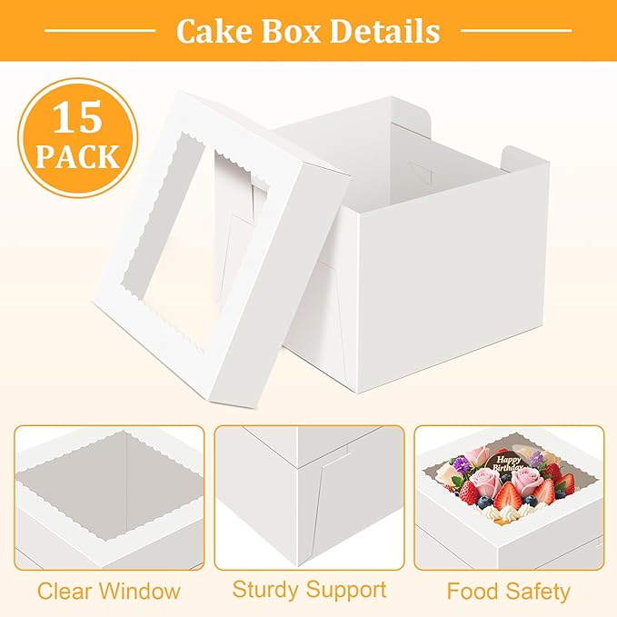 15 PCS Cake Boxes 12 Inch, 12x12x8 Tall Cake Box, 12 Inch Cake Box with Window, White Bakery Boxes, Large Baking Boxes, Cajas Para Pasteles, 12x12 Cake Boxes for Birthday, Wedding, Party, Business