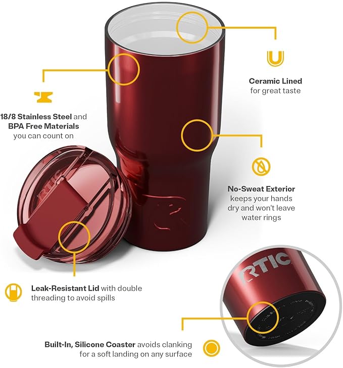 RTIC 20oz Essential Tumbler with Lid, Insulated, Stainless Steel, Metal, Double Wall Vacuum-Insulation, Ceramic Lined, Travel Cup for Iced Coffee, Tea, Hot and Cold Drink, Black Cherry Metallic