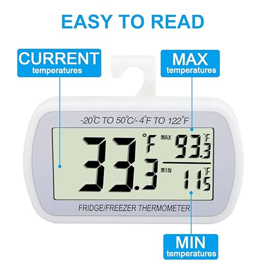 Waterproof Refrigerator Fridge Thermometer, Digital Freezer Room Thermometer, Max/Min Record Function Large LCD Screen and Magnetic Back for Kitchen, Home, Restaurants (2 Pack)