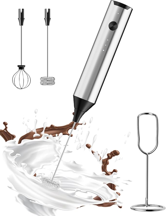 Rechargeable Milk Frother with Stand, Electric Frother Wand Handheld Coffee Foam Maker Detachable Stainless Steel Whisk Drink Mixer Foamer for Latte, Cappuccino, Hot Chocolate, Egg (Silver)