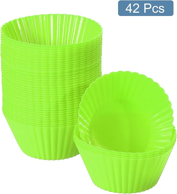 uxcell 42Pcs Silicone Cupcake Liners, Non-Stick Baking Cups, for Cooking Eggs, Baking Muffins and Make a Cake(Green)