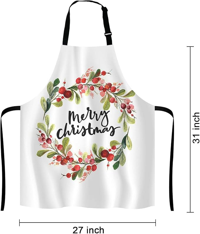 Merry Christmas Berry Wreath Apron for Women and Men, Adjustable Kitchen Chef Apron for Cooking Baking - Cute Birthday, Anniversary, Mother's Day Apron Presents for Mom Wife Girlfriend Aunt Grandma
