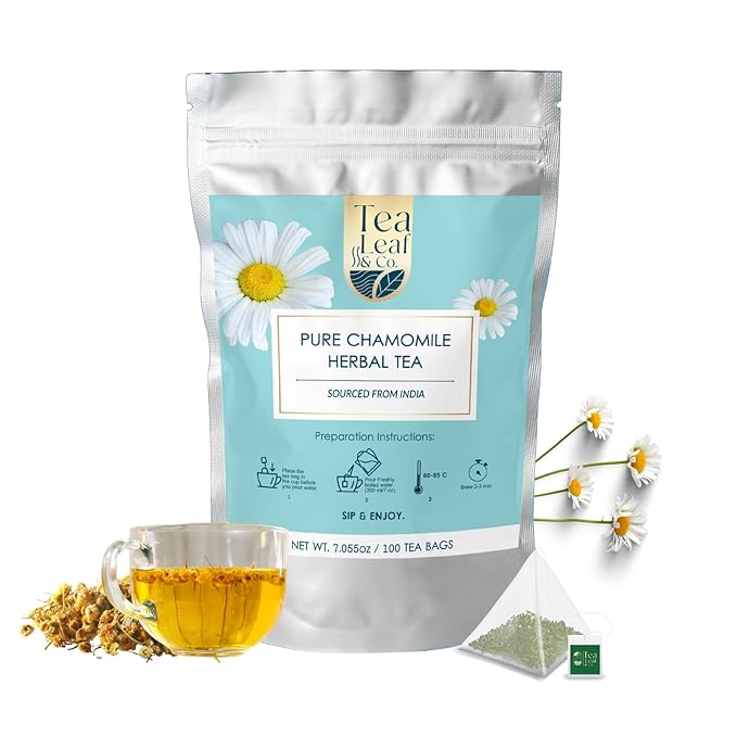 Tealeaf & Co. Pure Chamomile Herbal Tea - Organic Chamomile Tea Bags Blended with Fresh Herbs - Contains Low Caffeine - Gluten Free - 100 Teabags (7.055oz/200gm)