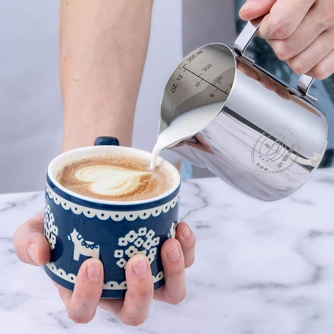 Milk Frothing Pitcher 12oz, Espresso Steaming Pitchers 350ml, Frother cup, Coffee Cappuccino Latte Art,304 Stainless Steel Jug with Decorating Art Pen