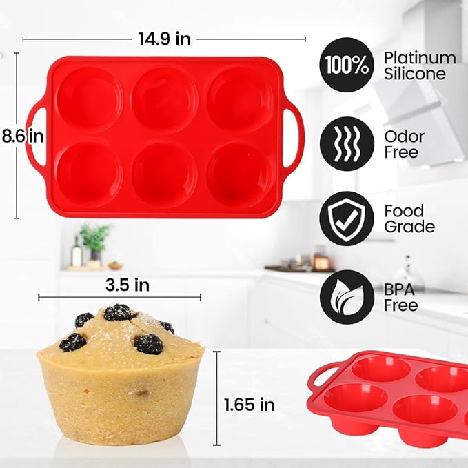 Jumbo Muffin Pan, 3.5 Inch Large Muffin Pan with Metal Reinforced Frame 6 Cup Silicone Jumbo Cupcake Pans for Baking Easy to Handle 2 Pack Red
