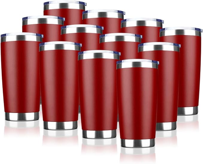 20oz Tumbler Bulk Stainless Steel Vacuum Insulated Tumblers with Lid Double Wall Travel Mug, Durable Powder Coated Coffee Cup, Suitable for Ice Drinks and Hot Beverage (Red 12pack)
