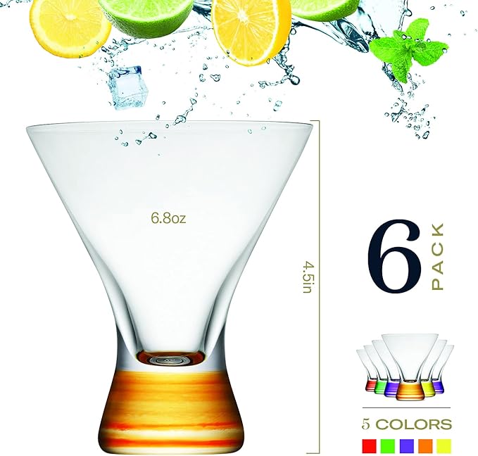 BENETI European Made Colored Martini Glasses Set of 6 Stemless Cocktail Glasses - 8 Oz, Dishwasher Safe, Crystal Glass Cups for Partys