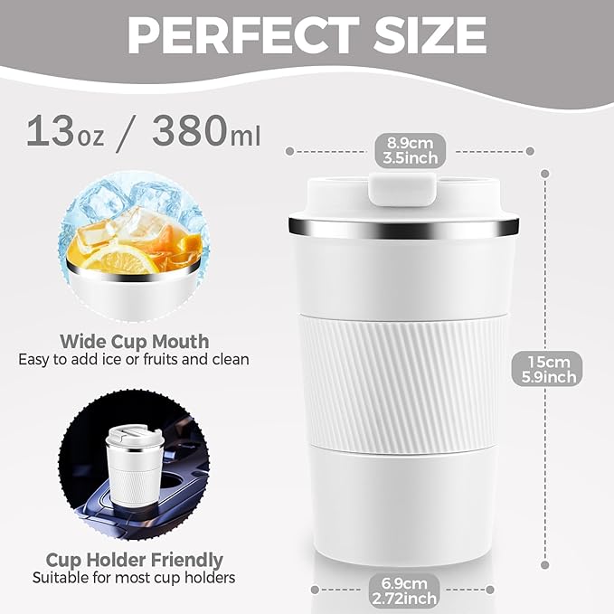 Volhoply 13 oz Stainless Steel Insulated Travel Coffee Mug with Fip Lid Bulk 8 Pack,Reusable Double Wall Vacuum Metal Coffee Cup,Portable Leak Proof Thermal Tumbler for Hot & Cold Drinks(White,8)