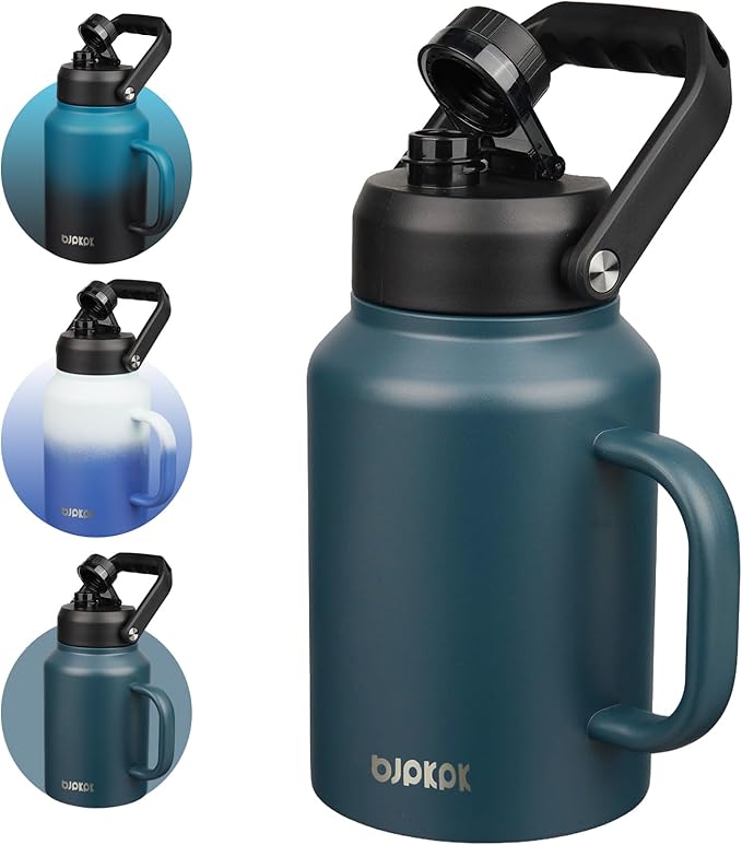 BJPKPK 64oz Insulated Water Bottle with Handle, Large Dishwasher Safe Half Gallon Water Bottle, BPA Free Water Jug, Wide Mouth Metal Water Bottle with Anti-slip Bottom, Keep Cold & Hot, Navy Blue