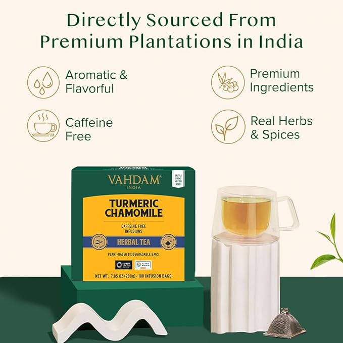 VAHDAM, Turmeric Chamomile Tea Bags (100 Herbal Tea Bags) Caffeine Free,100% Pure Herbal Tisane - Warm, Earthy & Floral | Infused With Chamomile Flowers | Resealable Ziplock Pouch