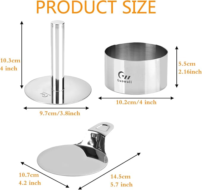 Guowall 4 pack Seamless Mousse Cake Ring set Stainless Steel 4 inch Round Food Mold Dessert Cutter for Baking (Includes 1 Lifter, 1 Pusher and 4 Rings)