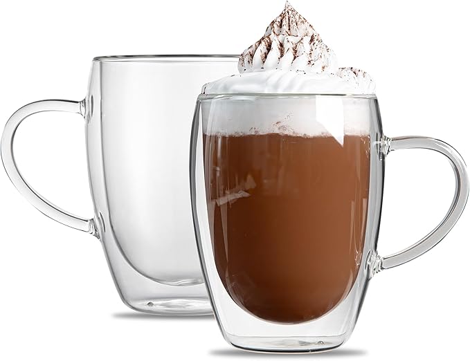 Restaurantware-Forma Professional 11.8 Ounce Glass Coffee Cups, 2 Insulated Coffee Cups With Handle - Dishwashable, Reusable, Clear Double Wall Beverage Tumblers, Freezable, For Hot Or Cold Beverages