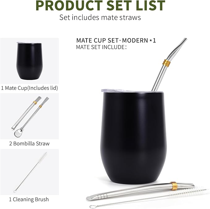 Yerba Mate Cup with Lid, 2 Bombillas, Cleaning Brush, 11.8oz Stainless Steel Double-Wall Insulated Gourd (Black)