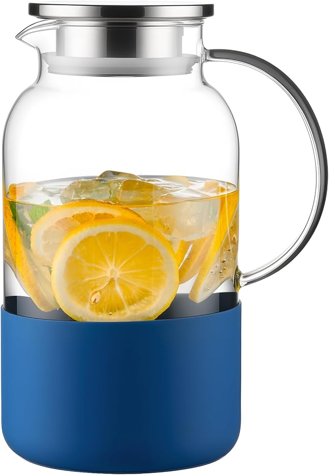 PARACITY Water Pitcher with Silicone Base 61oz/ 1.8L, Hot& Cold Glass Pitcher with Lid and Handle, Glass Carafe with Lid for Coffee, Juice, Lemonade and Milk (Blue base)
