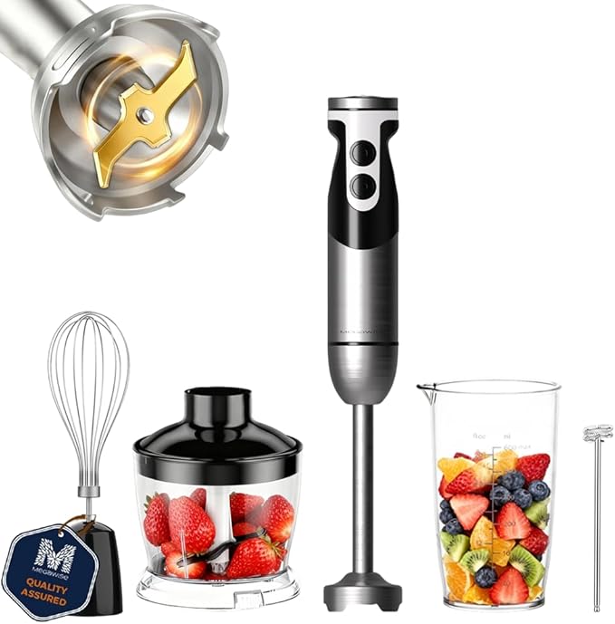 MegaWise Blender Handheld 12-Speed Stainless Steel Electric Hand Blender, 5 in 1 Immersion Handheld Blender，Titanium Blades Hand Blender, Milk Frother Wand,with 600ml Whisk Beaker and Chopper (black)