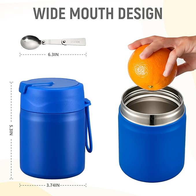 17oz Soup Thermo for Hot Food Kids Insulated Vacuum Food Jar with Stainless Steel Spoon Wide Mouth Thermo Leakproof Lunch Food Container Kids Hot Lunch Box (Blue)