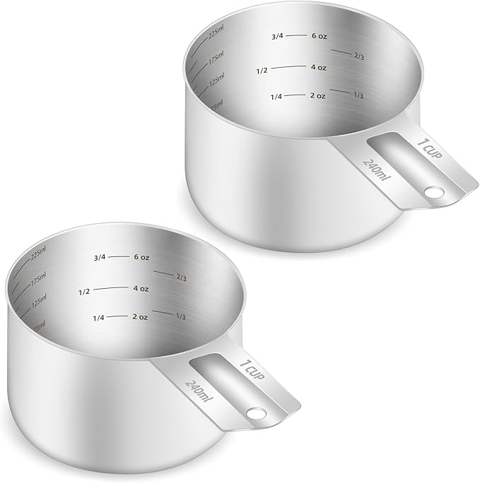 2PCS 1Cup (240ml, 8oz) Single Measuring Cup, Etched Inner Scale Stainless Steel Measure Scoop, Metric and US Measurement, Dishwasher Safe