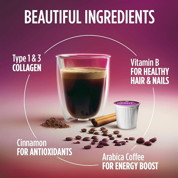 VitaCup Beauty Collagen Coffee Pods for Hair, Skin & Nails, with Biotin & Folate, Medium Dark Roast, Keto Friendly, Recyclable Single Serve Pod Compatible with Keurig K-Cup Brewers,64 Ct