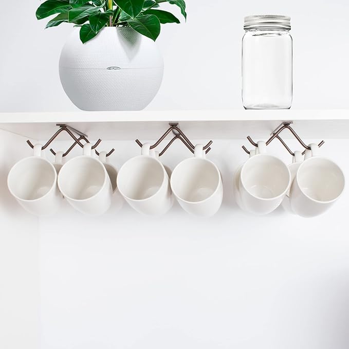 Cabinet Hook Mug Holder - Hanging Coffee Cup Rack for Kitchen, Under Cabinets Metal Hangers Organizer Shelf Storage Utensil (Brown)