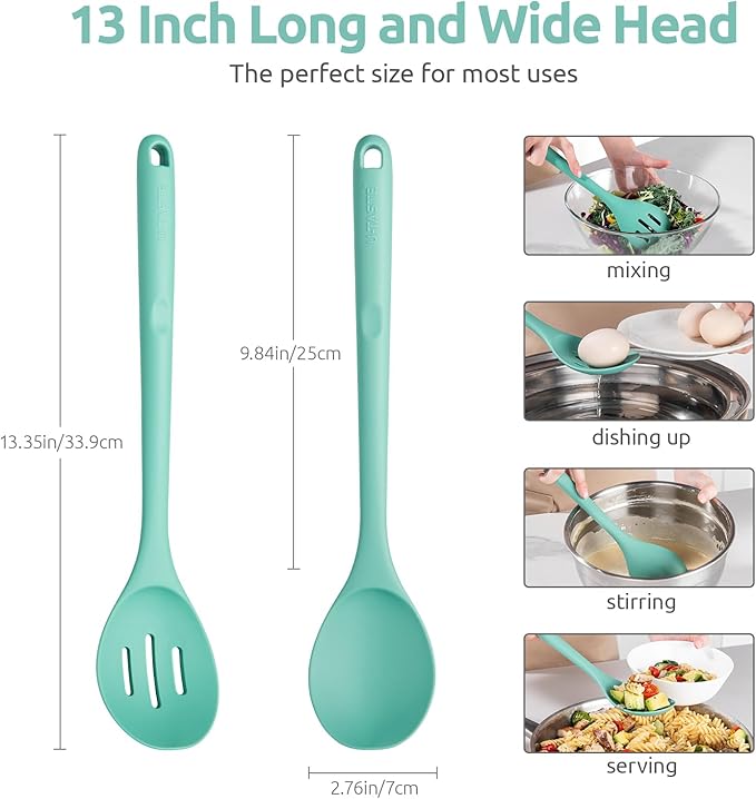 600ºF Heat Resistant Silicone Spoons: U-Taste 13.3in Solid & Slotted Kitchen Cooking Tool, Nonstick Long Rubber Utensil, Sturdy for Mixing, Serving, Stirring, Frying, Basting (Aqua Sky, 2PCS)