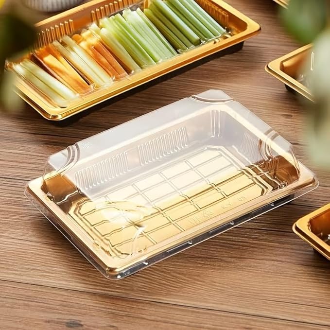 10 Pack Gold Rectangular Sushi Containers with Clear Lids – Disposable Plastic Food Boxes for Party, Takeout & Catering – Elegant, Stackable Trays for Sushi, Snacks & Desserts(Model No.1109)