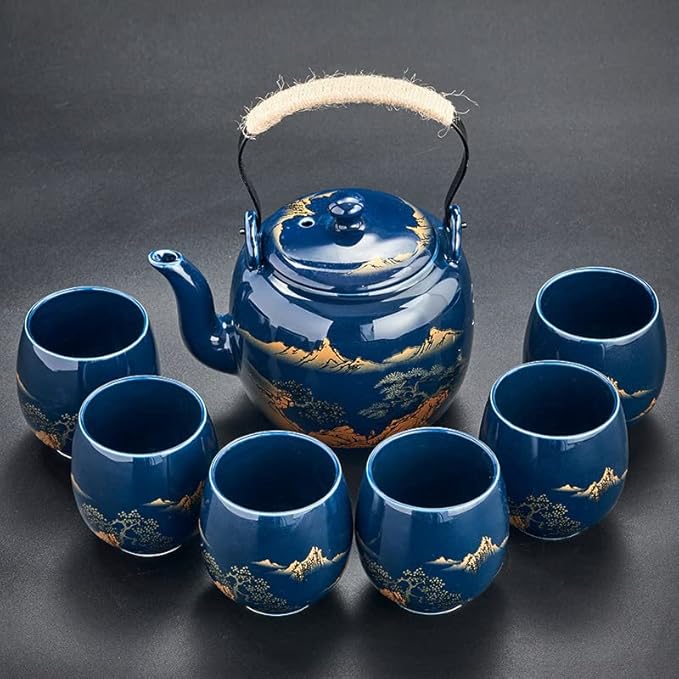 Japanese Tea Set, Black Glazed Tea Set in Gift Box With 1 Teapot, 1 Tea Strainer, 1 Tea Tray and 6 Tea Cups. Ideal Tea Set for Office Home, Asian Tea Sets for Tea Lovers(Landscape Blue)