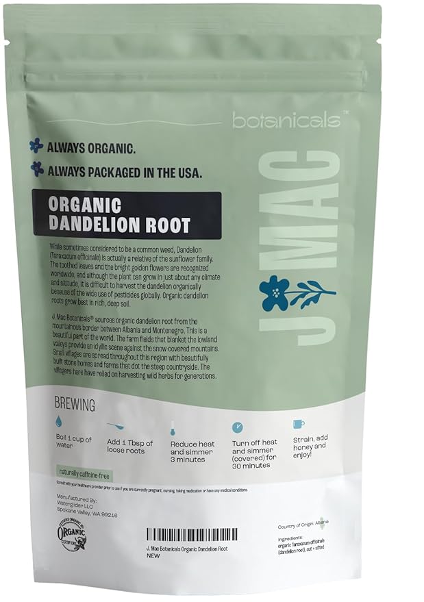J Mac Botanicals Organic Dandelion Root (16 oz) unroasted, herb for tea and other infusions, Packaged in the USA, Certified USDA Organic