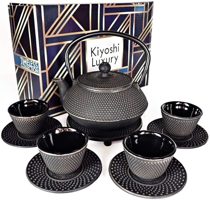 Large 11PC Japanese Tea Set "Gashu Black" Cast Iron Tea Pot 26Oz with 4 Tea Cups (2Oz each), 4 Saucers, Loose Leaf Tea Infuser and Trivet Ceremonial Matcha Accessories