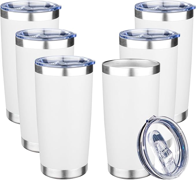 20oz Tumbler with Lid Double Wall Vacuum Insulated Travel Coffee Mug Stainless Steel Thermal Cup Powder Coated Sturdy Coffee Tumbler Bulk for Hot and Cold Beverage (White,6)