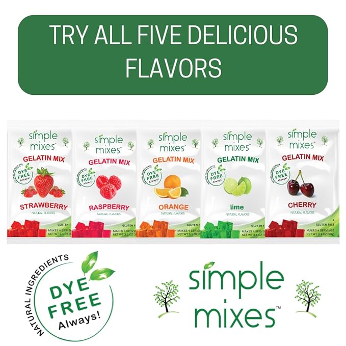 Simple Mixes Natural Gelatin Dessert, Strawberry, Healthy Snack, Dye-Free, No Gluten or Fat, Kosher, 6 Pack