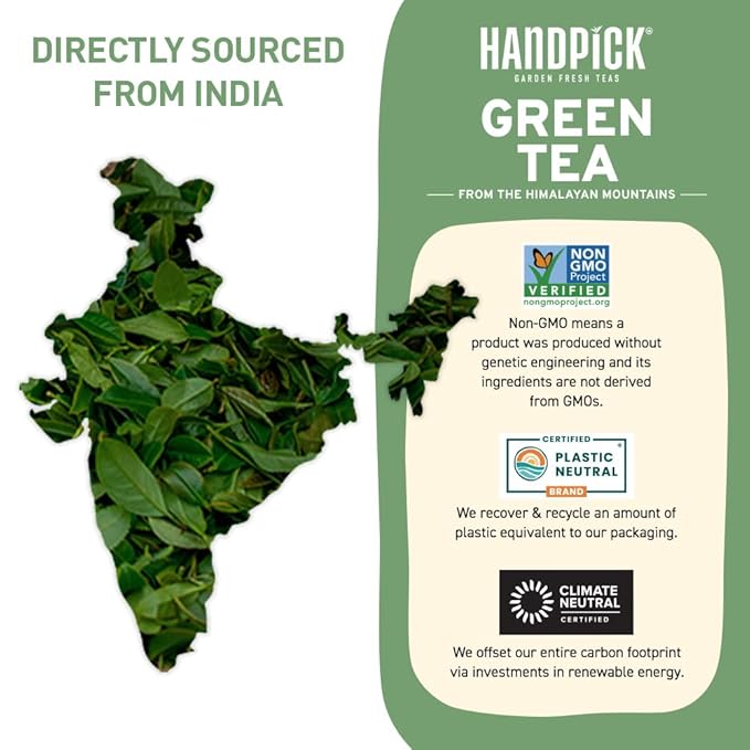 HANDPICK, Green Tea Loose Leaf (255g/9oz) +100 Cups | Non-GMO, 100% Pure Green Tea Leaves Sourced from Himalayas, India | Resealable Ziplock Pouch