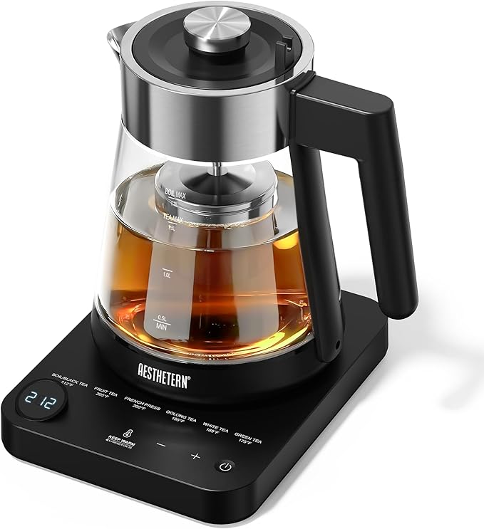 Electric Tea Kettle with Infuser 1.7L Glass Electric Kettle with Temperature Control Automatic Shut Off 12H Keep Warm for Tea Coffee Water Heater, Black