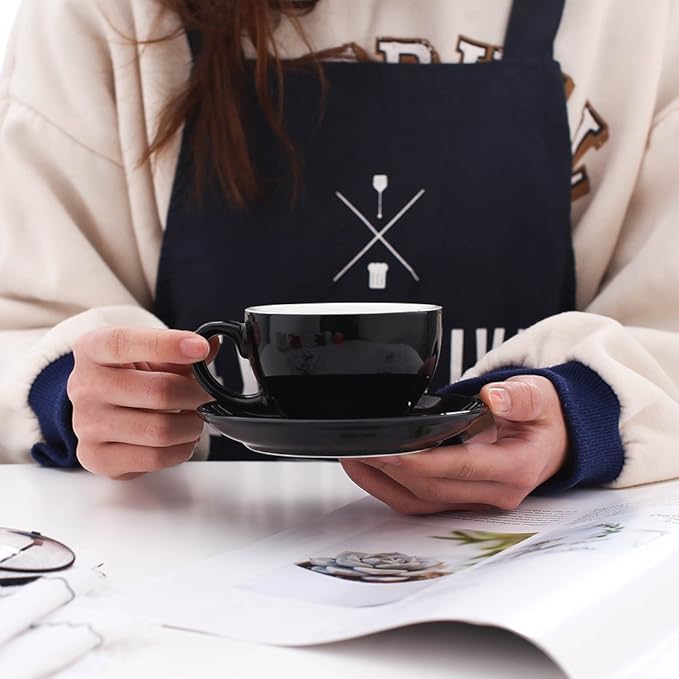 Latte Art Cup and Saucer for Latte & Cappuccino New Bone China, Mate for Coffee Shop and Barista (Glossy Black, 10.5 oz)