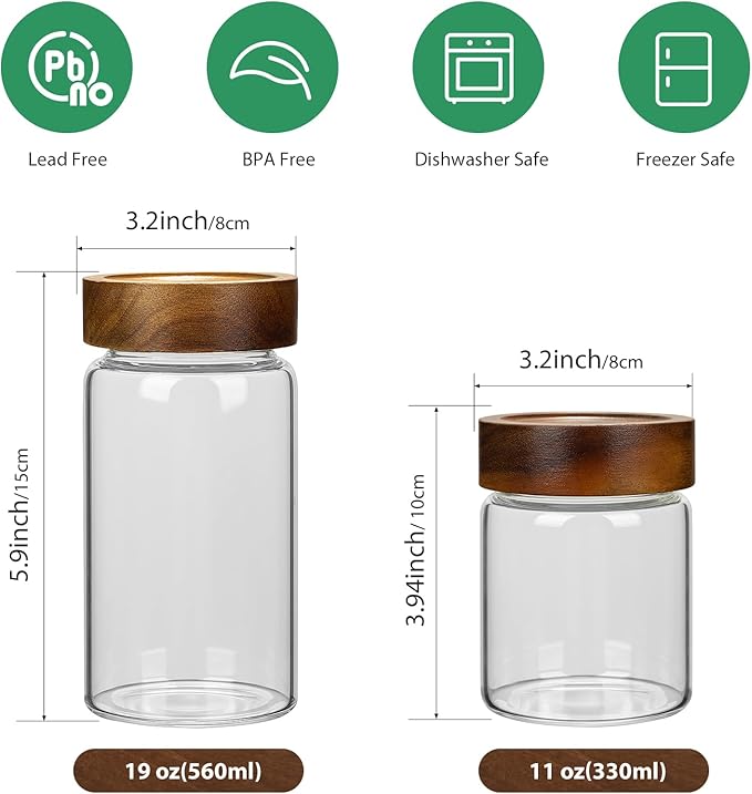 2PCS Small Glass Storage Jars with Airtight Lids, 19.3 fl oz (560ml) coffee container with Wooden Lid, Glass Pantry Canister for Beans, Rice, Sugar and etc