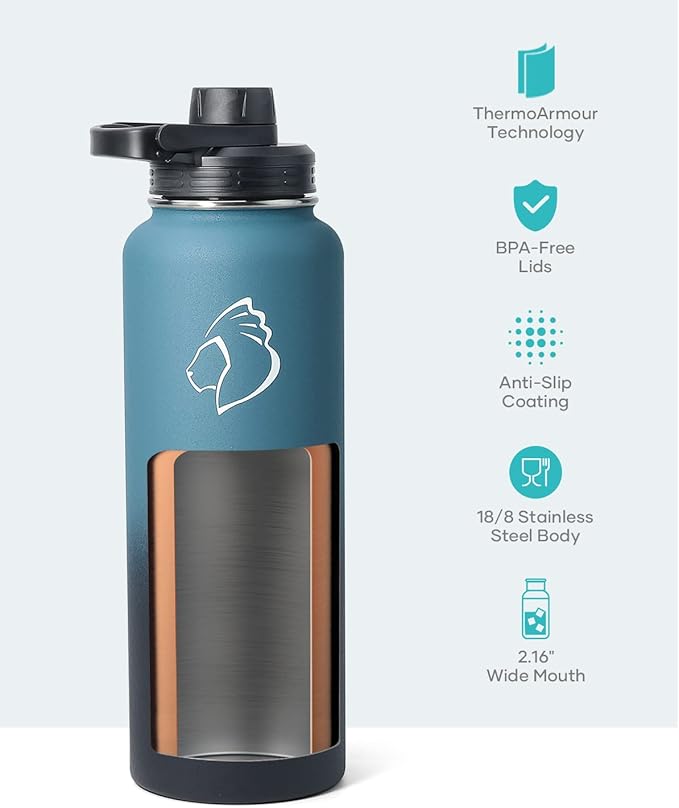 BUZIO 40 oz Water Bottle Insulated with Straw & 3 lid and Carrying Pouch, Leak Proof Anti-Slip Stainless Steel Water Flask Jug, Cold for 48 Hrs Double Vacuum Thermo Canteen, BPA-Free, Indigo Crush