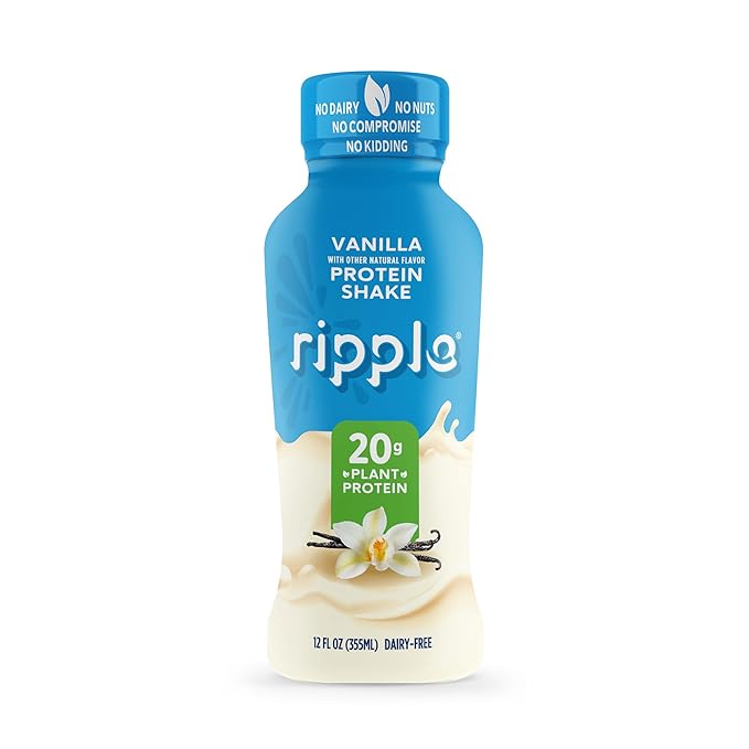 Ripple Vanilla Plant Based Protein Shake | 20g of Quality Sourced Pea Protein, Calcium & Iron Rich | Shelf Stable | Vegan & Non GMO | Dairy, Soy, Nut, & Gluten Free | 12 Fl Oz Bottles (Pack of 12)