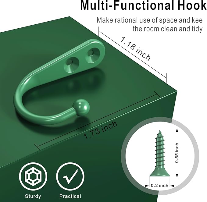 15 Pcs Black Wall Mounted Coat Hooks, Hanger Hook with 30 Pieces Screws for Towel, Key, Robe, Scarf, Bag, Cap, Coffee Cup, Mugs（Green）