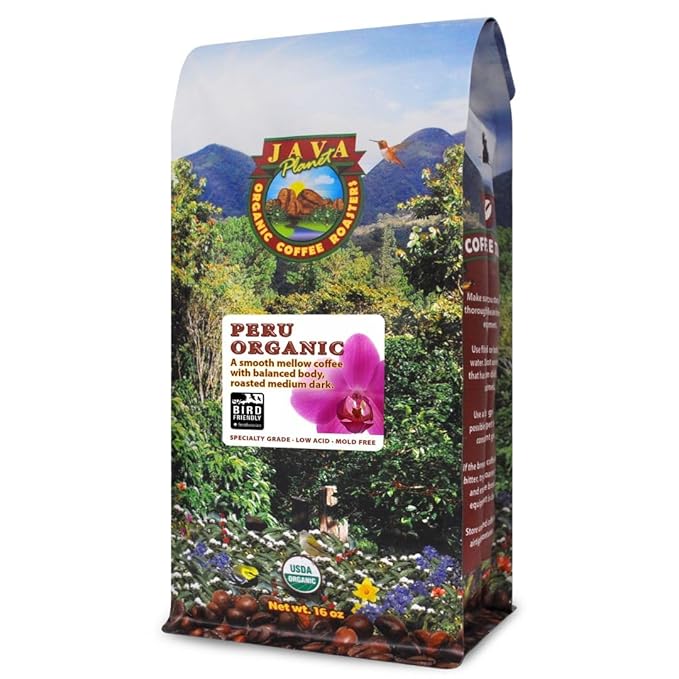 Low Acid Organic Coffee – Whole Bean, Mold-Free & Stomach Friendly by Java Planet, Peruvian Single Origin Coffee, Medium Dark Roast, Smooth Full Flavored, Smithsonian Bird Friendly, 1LB Bag