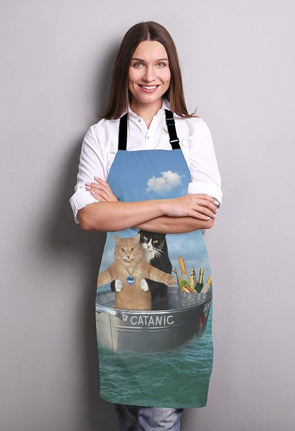 Funny Cats Adjustable Bib Apron, The two brave cats are drifting in the steel Cooking Kitchen Apron for Men Women