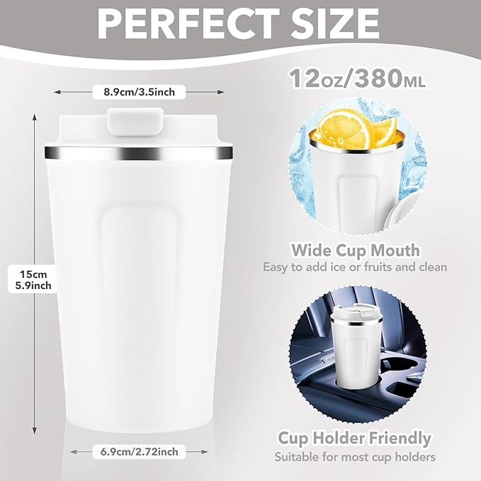 Volhoply 12 oz Double Wall Insulated Vacuum Travel Coffee Mug with Flip Lid Bulk 4 Pack,Reusable Stainless Steel Leak Proof Coffee Cups,Portable Cafe Thermal Tumbler for Hot & Cold Drinks(White,4 Set)